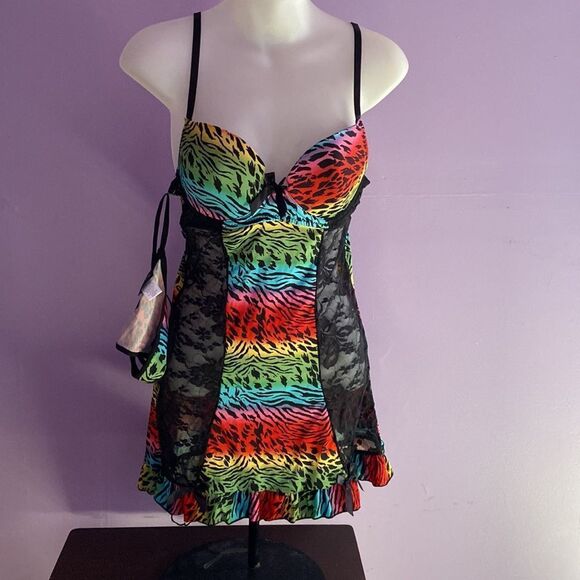 Rampage Rainbow Animal Print Babydoll Set Size M Women's Lingerie Thong - Picture 1 of 4